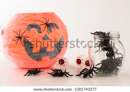 Beautiful halloween decoration trick or treat on white background with filter, concept of halloween party, copy space(text space), close-up, blank for text