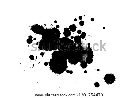 2d illustration. Black ink splashes. Paint splatters on bright material. black and white dots. Watercolor on white paper.