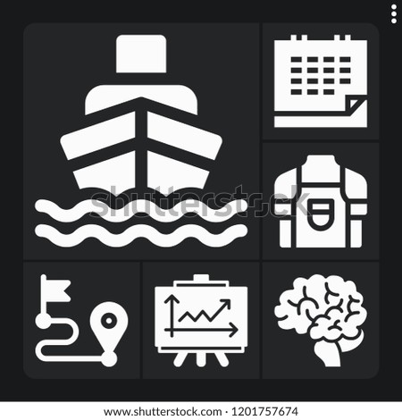 Set of 6 business filled icons such as brain, line chart, calendar, route, ship