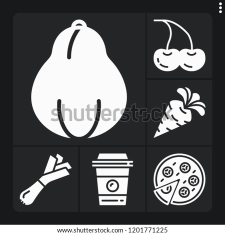 Set of 6 food filled icons such as papaya, pizza, carrot, coffee cup, onion