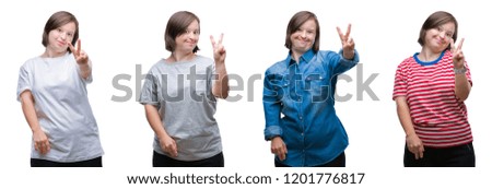 Collage of down sydrome woman over isolated background smiling with happy face winking at the camera doing victory sign. Number two.