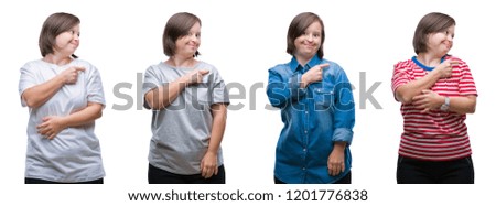 Collage of down sydrome woman over isolated background cheerful with a smile of face pointing with hand and finger up to the side with happy and natural expression on face looking at the camera.
