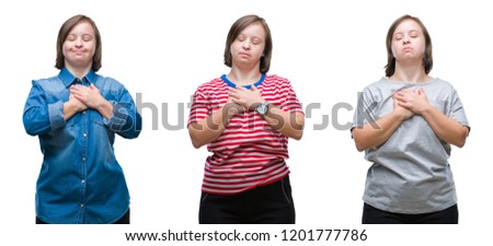 Collage of down sydrome woman over isolated background smiling with hands on chest with closed eyes and grateful gesture on face. Health concept.