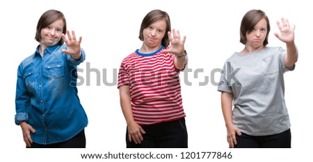 Collage of down sydrome woman over isolated background doing stop sing with palm of the hand. Warning expression with negative and serious gesture on the face.