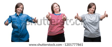 Collage of down sydrome woman over isolated background approving doing positive gesture with hand, thumbs up smiling and happy for success. Looking at the camera, winner gesture.