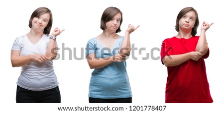 Collage of down sydrome woman over isolated background with a big smile on face, pointing with hand and finger to the side looking at the camera.