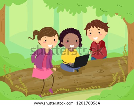 Illustration of Stickman Kids Studying with a Laptop and Sitting on a Big Fallen Tree Outdoors
