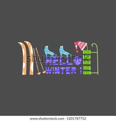 Illustation of winter sport fun. Christmas and New Year elements with lettering. Xmas greeting card concept. Winter holiday objects. Vector flat design with texture