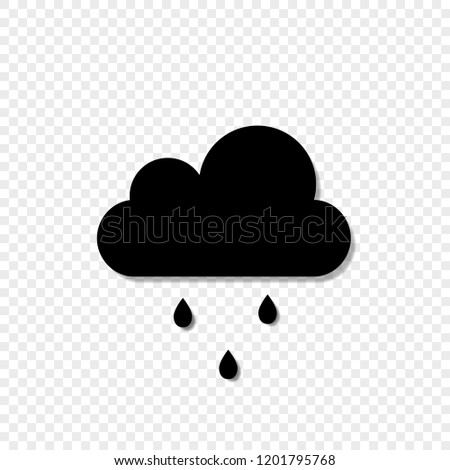Vector black silhouette illustration of cloud with falling droplets icon isolated on transparent background.