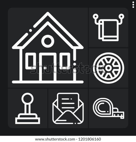 Set of 6 flat outline icons such as house, mail, towel, wheel, gearshift