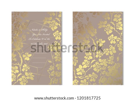 Elegant golden cards with decorative sakura, design elements. Can be used for wedding, baby shower, mothers day, valentines, birthday, rsvp cards, invitations, greetings. Golden template background