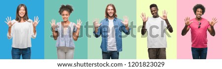 Composition of african american, hispanic and chinese group of people over vintage color background showing and pointing up with fingers number ten while smiling confident and happy.