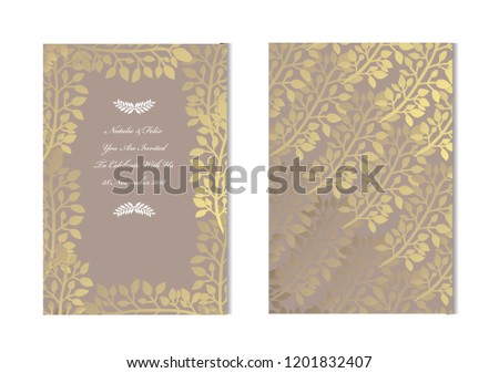 Elegant golden cards with decorative leaves, design elements. Can be used for wedding, baby shower, mothers day, valentines day, birthday, rsvp cards, invitations, greetings.Golden template background
