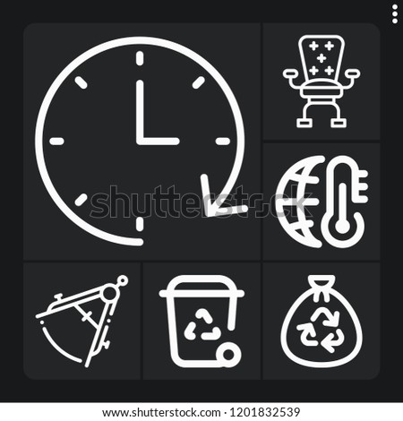 Set of 6 concept outline icons such as compass, trash, global warming, clock