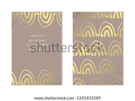 Elegant golden cards with decorative waves, design elements. Can be used for wedding, baby shower, mothers day, valentines day, birthday, rsvp cards, invitations, greetings. Golden template background