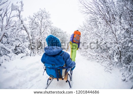 A woman is carrying a child on a sled. Mom walks with her son on the snow trail. Cheerful winter vacation. Winter fun.