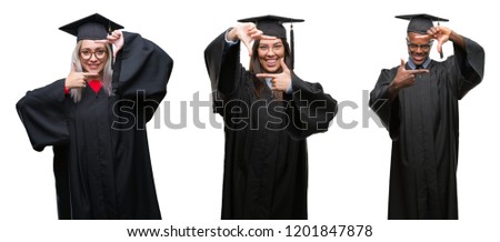 Collage of group of young student people wearing univerty graduated uniform over isolated background smiling making frame with hands and fingers with happy face. Creativity and photography concept.