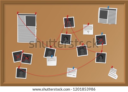 Investigation board with pinned photos, newspapers and notes. Cops plan for solve the crime. Detective map vector illustration. Royalty-Free Stock Photo #1201853986