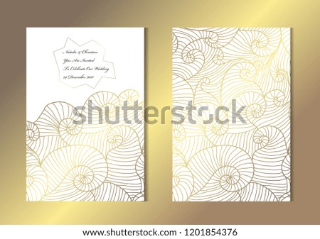 Elegant golden cards with decorative waves, design elements. Can be used for wedding, baby shower, mothers day, valentines day, birthday, rsvp cards, invitations, greetings. Golden template background