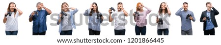 Collage of group of people looking through binoculars over isolated background with happy face smiling doing ok sign with hand on eye looking through fingers