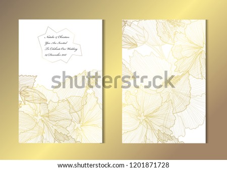 Elegant golden cards with decorative hibiscus, design elements. Can be used for wedding, baby shower, mothers day, valentines, birthday, rsvp cards, invitations, greetings. Golden template background