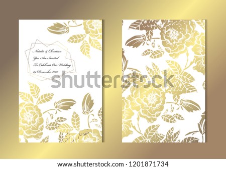 Elegant golden cards with decorative peonies, design elements. Can be used for wedding, baby shower, mothers day, valentines, birthday, rsvp cards, invitations, greetings. Golden template background