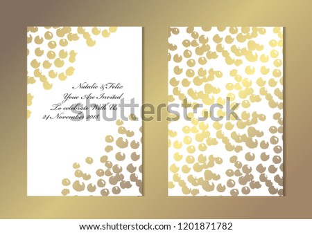 Elegant golden cards with decorative dots , design elements. Can be used for wedding, baby shower, mothers day, valentines day, birthday, rsvp cards, invitations, greetings. Golden template background