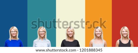 Collage of beautiful blonde woman over colorful vintage isolated background with a happy and cool smile on face. Lucky person.