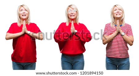 Collage of beautiful blonde woman wearing casual red over isolated background begging and praying with hands together with hope expression on face very emotional and worried. Asking for forgiveness. 