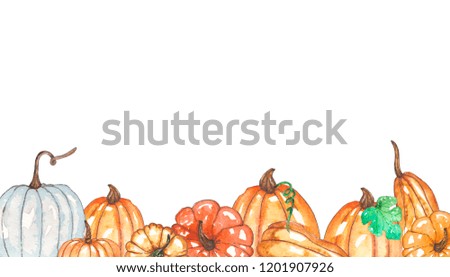 Watercolor autumn template with pumpkins, yellow leaves, berries. Invitation card. Elements isolated on white background. Ideal for design banners, leaflets, posters with space for your 