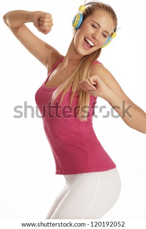 young woman with headphones on white background