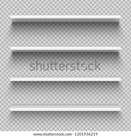 White shop product shelves. Blank empty showcase display, 3D supermarket retail shelves. Bookcase store rack, shopping merchandise market products racks realistic vector isolated mockup Royalty-Free Stock Photo #1201936219