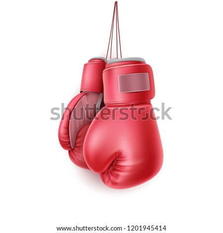 Boxing glove hanging on lace. Realistic red pair of box fist protection equipment. Vector boxer sportswear for punch workout. Symbol of fight, combat, competition and confidence. 3d illustration Royalty-Free Stock Photo #1201945414