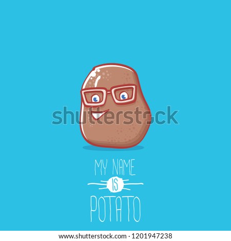vector brown cute little kawaii baby potato cartoon character isolated on blue background. My name is potato vector concept illustration. funky summer vegetable food kids character