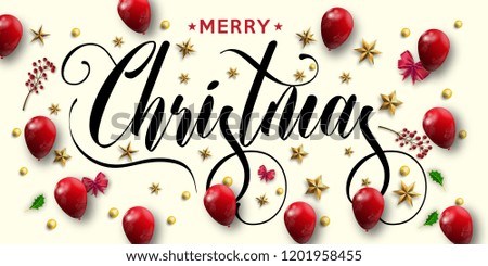 Merry Christmas inscription decorated with gold stars, beads, red air ballonns and mountain ash. Vector illustration.