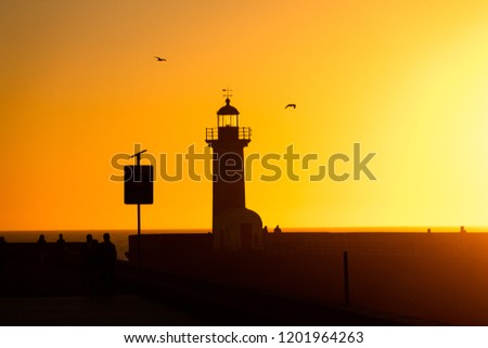 A group of people stand near a lighthouse before sunset with seagulls flying by on the golden sky.