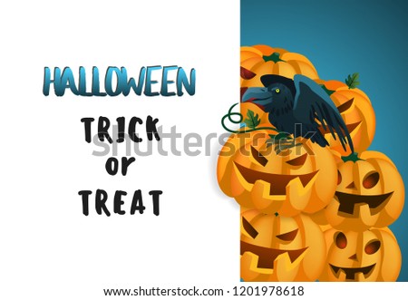 Halloween trick or treat banner design with black raven sitting on stack of carved pumpkins on blue and white background. Realistic lettering can be used for invitations, signs, announcements