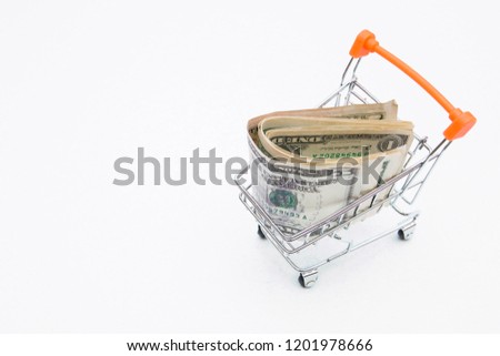money in the shopping trolley on white background with copy space.