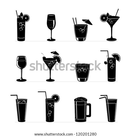 Set of vector illustration of different drinks and cocktails. Black silhouette .