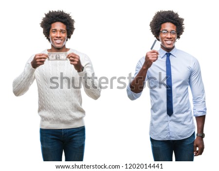 Collage of african american young business man holding dollar and credit card over isolated background with a happy face standing and smiling with a confident smile showing teeth