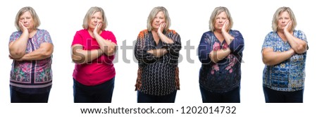 Collage of senior fat woman over isolated background thinking looking tired and bored with depression problems with crossed arms.