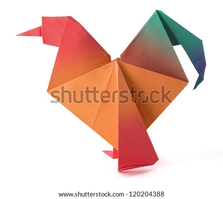 Origami red morning cock on the white background
