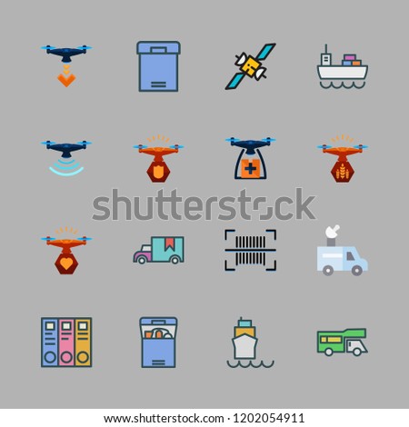 delivery icon set. vector set about cargo truck, barcode, ship and box icons set.