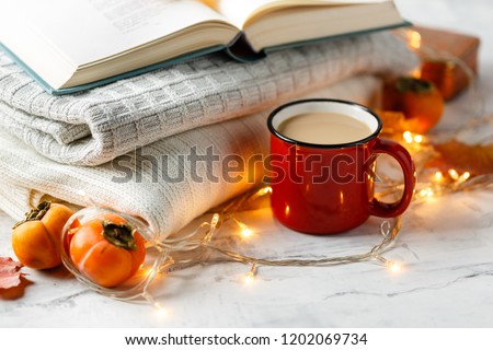 Enamelled red cup of coffee with milk, spices - cinnamon sticks and anise stars, book, persimmon, sweater, autumn maple fox, glowing garland on a light background