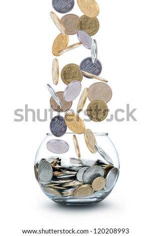 Coin rain isolated on white background