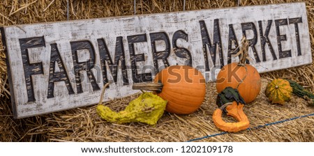 Yellow and orange pumpkins on hay stack on a farm for Halloween decoration in America with farmers market sign