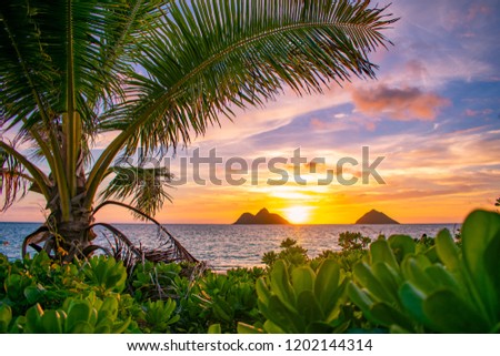 A gorgeous tropical sunrise over Lanikai Beach in Kailua, Oahu, Hawaii Royalty-Free Stock Photo #1202144314