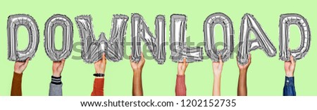 Gray silver alphabet helium balloons forming the text download