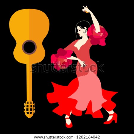 Beautiful Spanish girl, dressed in a traditional red dress, and with castanets in her hands, dancing flamenco and guitar silhouette on black background in vector.