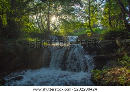 Sunlight breaks through a forest and onto a waterfall, at the Monte Gelato waterfalls, in Treja Valley near Calcata, in Italy.